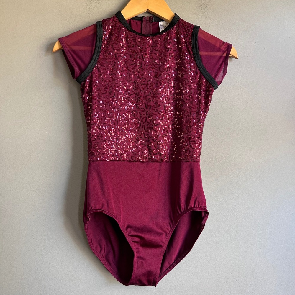 Weissman 12400 Burgundy Sequin Mesh Sleeve Dance Leotard Costume Small Adult